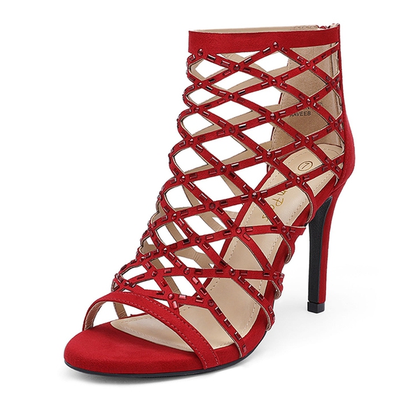 Strappy Stiletto Rhinestone Sandals - RED -  0