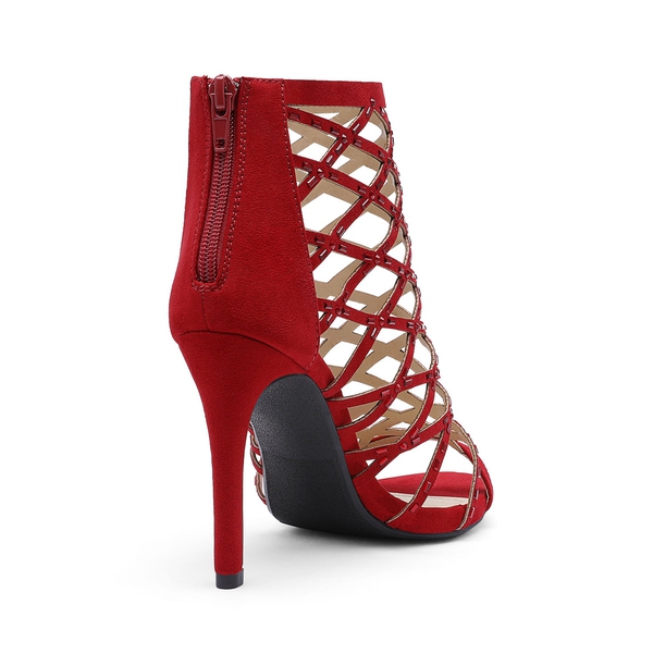 Strappy Stiletto Rhinestone Sandals - RED - 2
