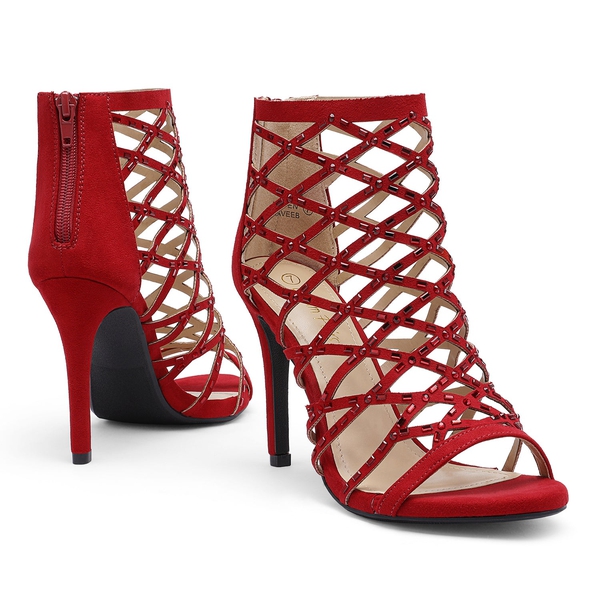 Strappy Stiletto Rhinestone Sandals - RED - 3