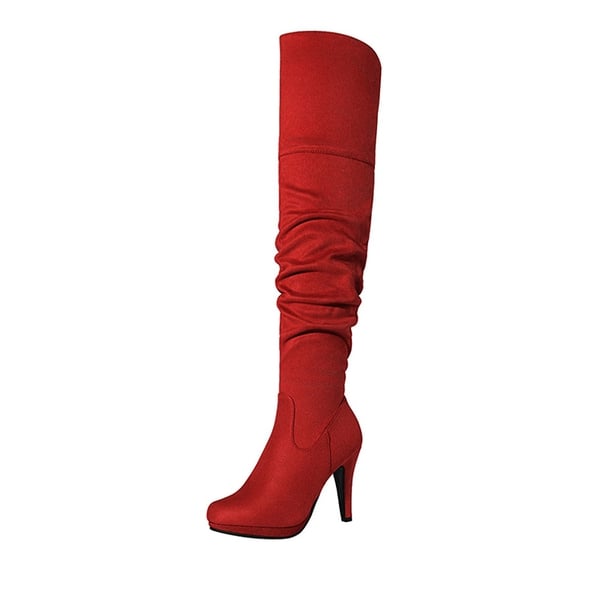Over The Knee Chunky Heel Boots - RED -  0