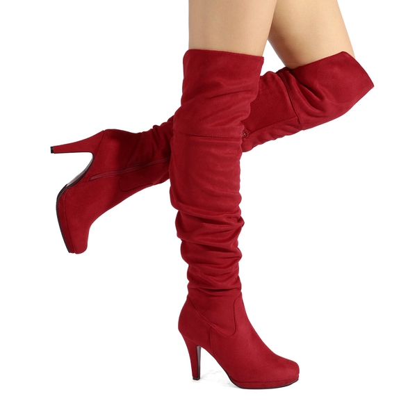 Over The Knee Chunky Heel Boots - RED - 1