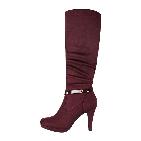 Knee High Platform Heel Boots - BURGUNDY - 1