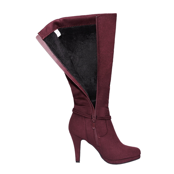 Knee High Platform Heel Boots - BURGUNDY - 2