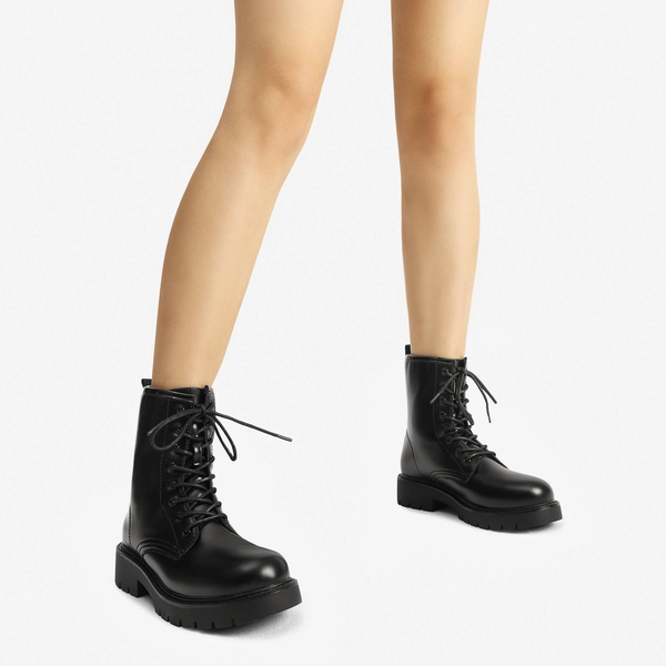 Lace Up Chunky Combat Ankle Boots - BLACK - 1