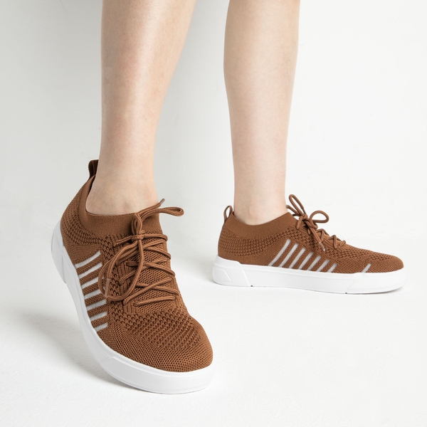 Low Top Lace up Sock Sneakers - BROWN - 1