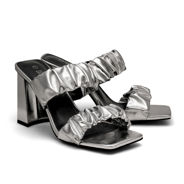 Women's Square Toe Strap Chunky Heel Mules - SILVER - 4