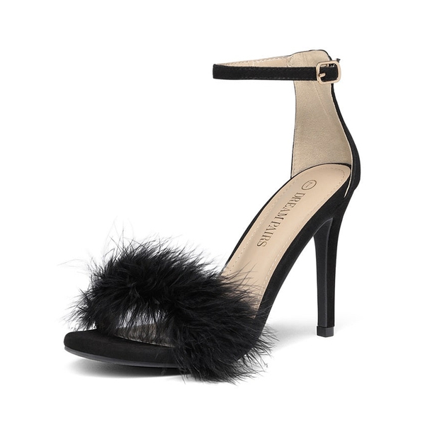 Feather Stiletto Heeled Sandals - BLACK -  0