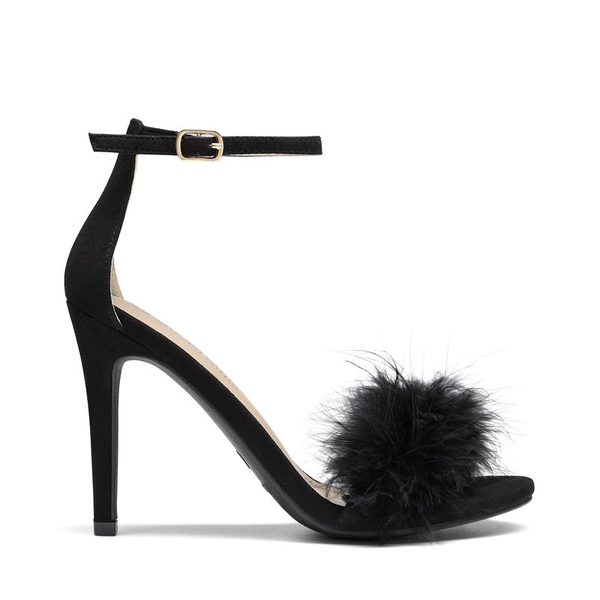 Feather Stiletto Heeled Sandals - BLACK - 2