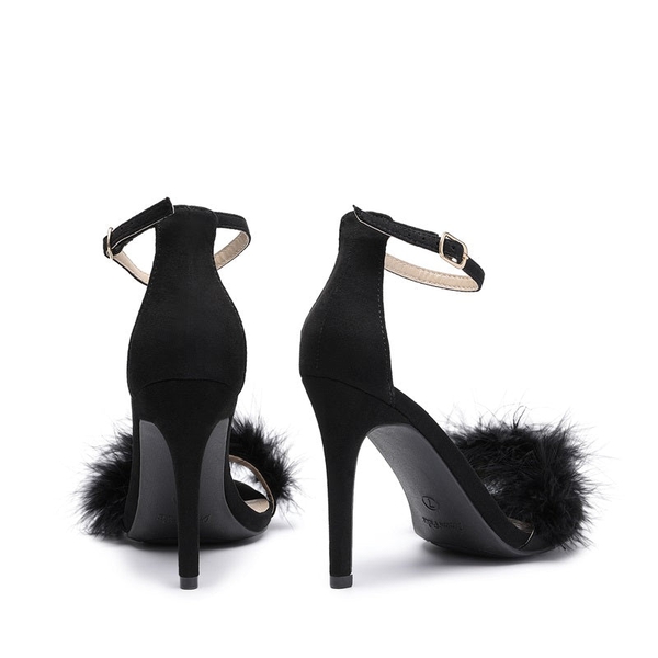 Feather Stiletto Heeled Sandals - BLACK - 3