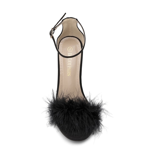 Feather Stiletto Heeled Sandals - BLACK - 4