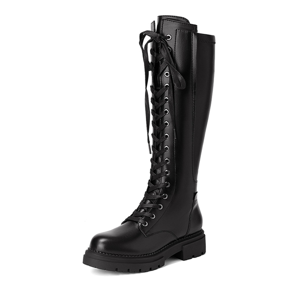 Leather Lace UP Knee High Boots - BLACK -  0