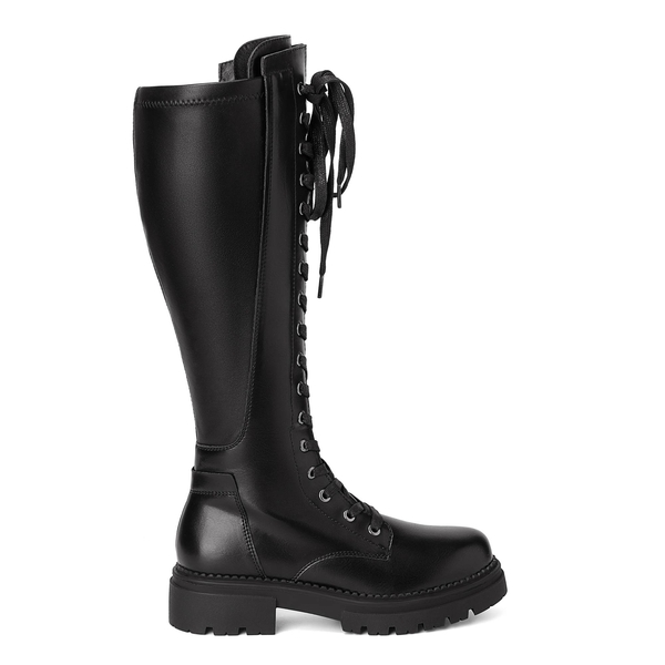 Leather Lace UP Knee High Boots - BLACK - 1