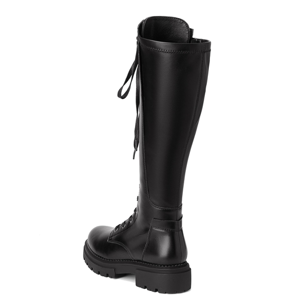 Leather Lace UP Knee High Boots - BLACK - 2