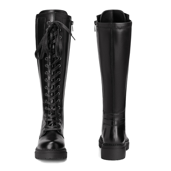 Leather Lace UP Knee High Boots - BLACK - 3