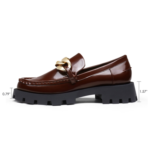 Golden Chain Chunky Loafers - BROWN - 1