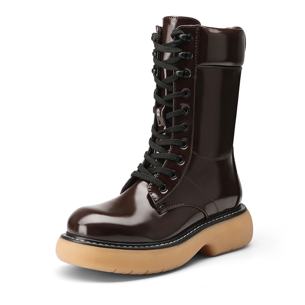 Platform Mid Calf Lace Up Combat Boots - BROWN -  0