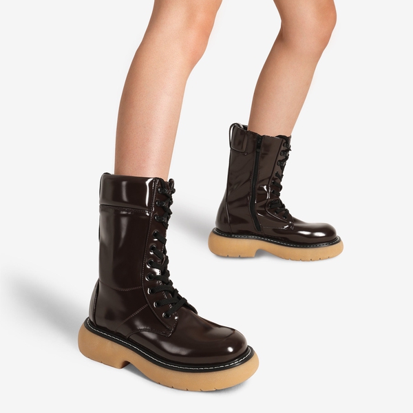 Platform Mid Calf Lace Up Combat Boots - BROWN - 1
