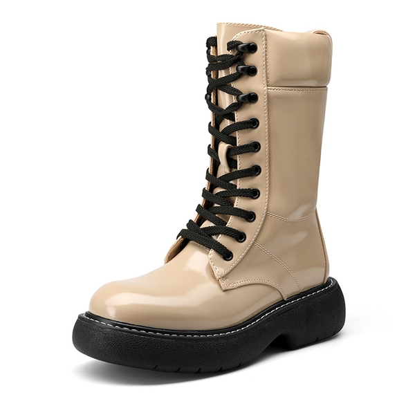 Platform Mid Calf Lace Up Combat Boots - NUDE -  0