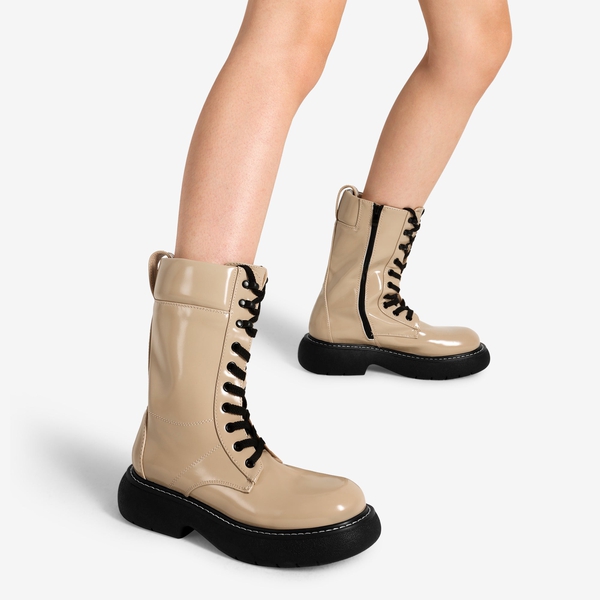 Platform Mid Calf Lace Up Combat Boots - NUDE - 1