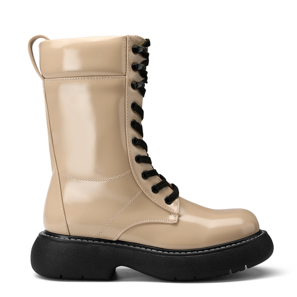 Platform Mid Calf Lace Up Combat Boots - NUDE - 2
