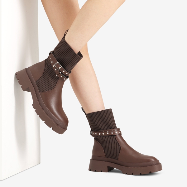 Stride Lug Sole Platform Slip On Booties - BROWN - 1