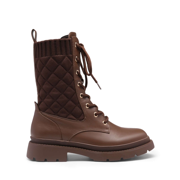 Knitted Leather Combat Ankle Boots - BROWN - 2