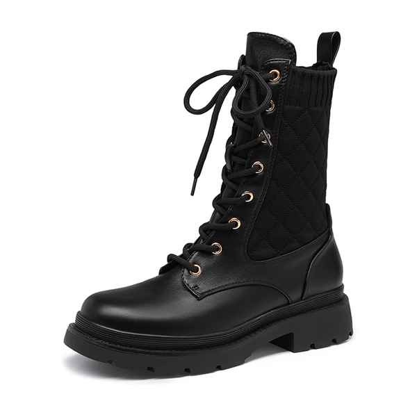 Knitted Leather Combat Ankle Boots - BLACK -  0