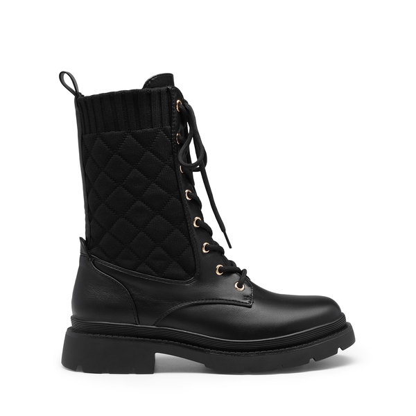 Knitted Leather Combat Ankle Boots - BLACK - 2