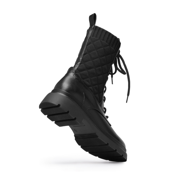 Knitted Leather Combat Ankle Boots - BLACK - 3