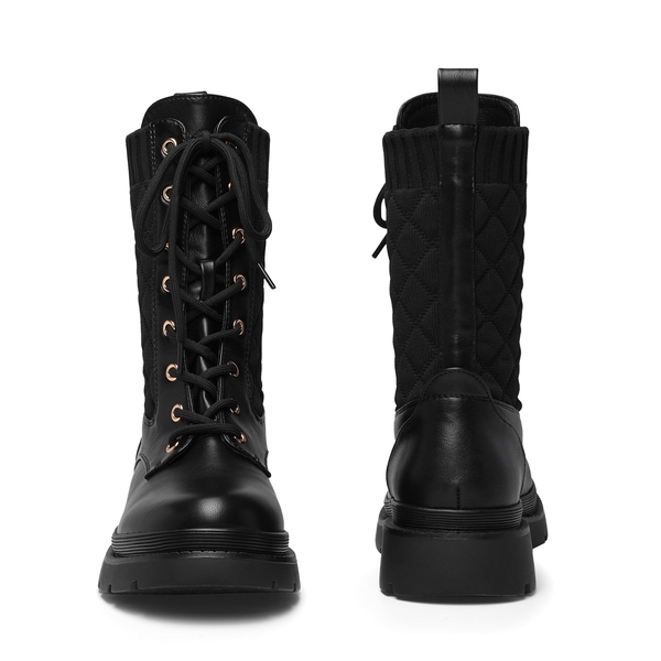 Knitted Leather Combat Ankle Boots - BLACK - 4
