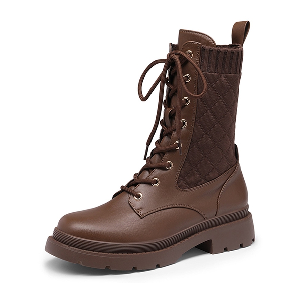 Knitted Leather Combat Ankle Boots - BROWN -  0