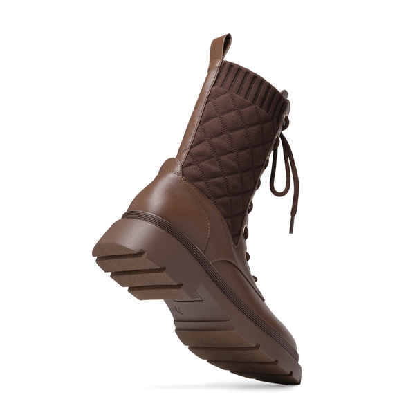 Knitted Leather Combat Ankle Boots - BROWN - 3