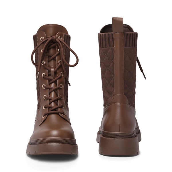 Knitted Leather Combat Ankle Boots - BROWN - 4