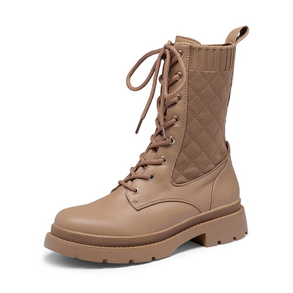 Knitted Leather Combat Ankle Boots - KHAKI -  0