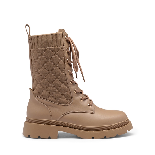 Knitted Leather Combat Ankle Boots - KHAKI - 2