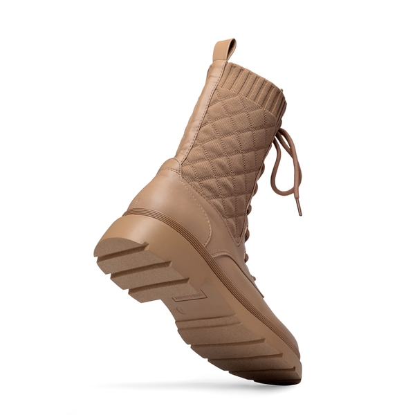 Knitted Leather Combat Ankle Boots - KHAKI - 3