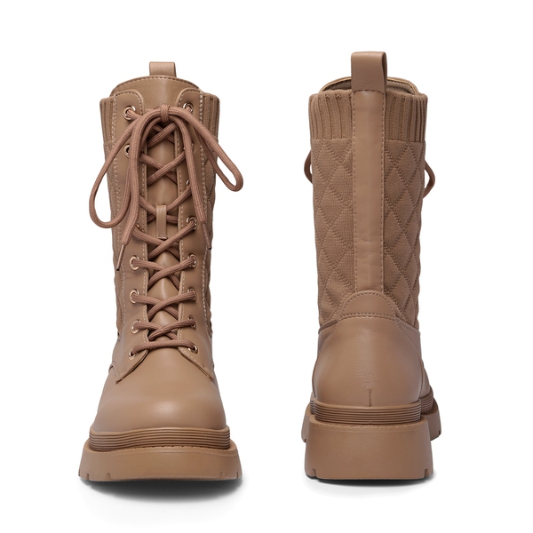 Knitted Leather Combat Ankle Boots - KHAKI - 4
