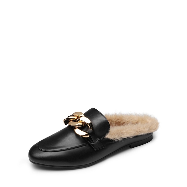 Chain Closed Toe Fur Lined Mules - BLACK -  0