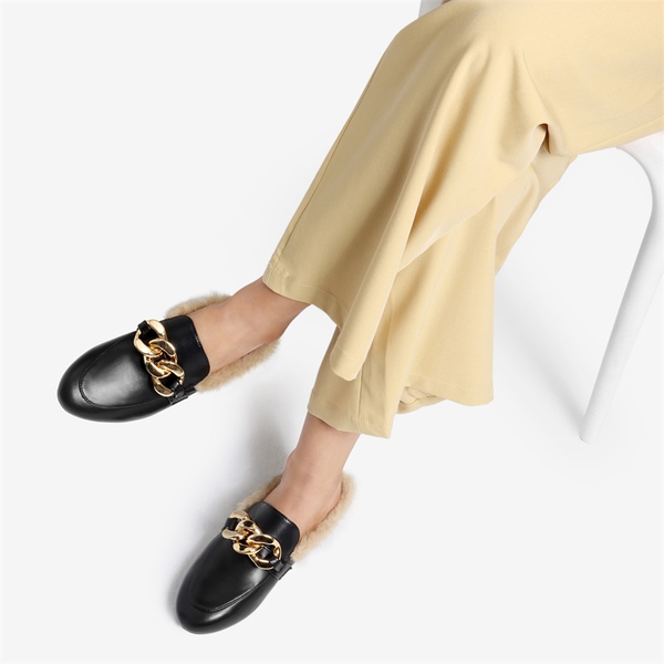 Chain Closed Toe Fur Lined Mules - BLACK - 1