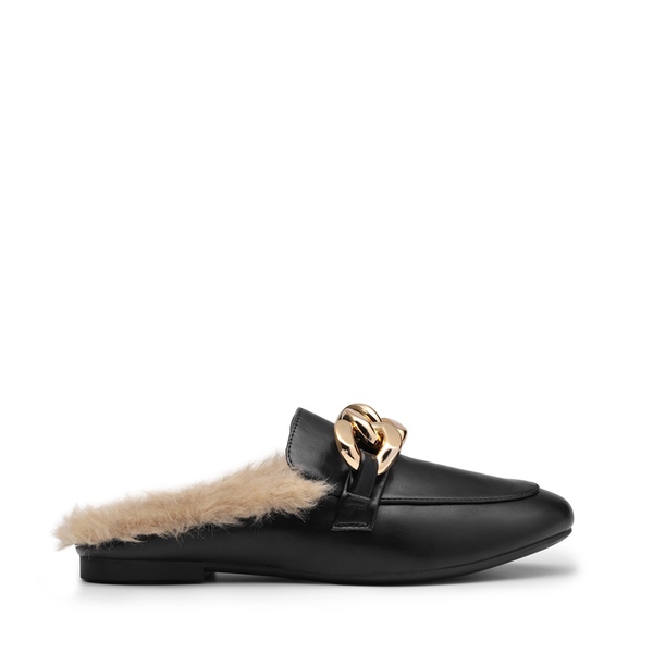 Chain Closed Toe Fur Lined Mules - BLACK - 2