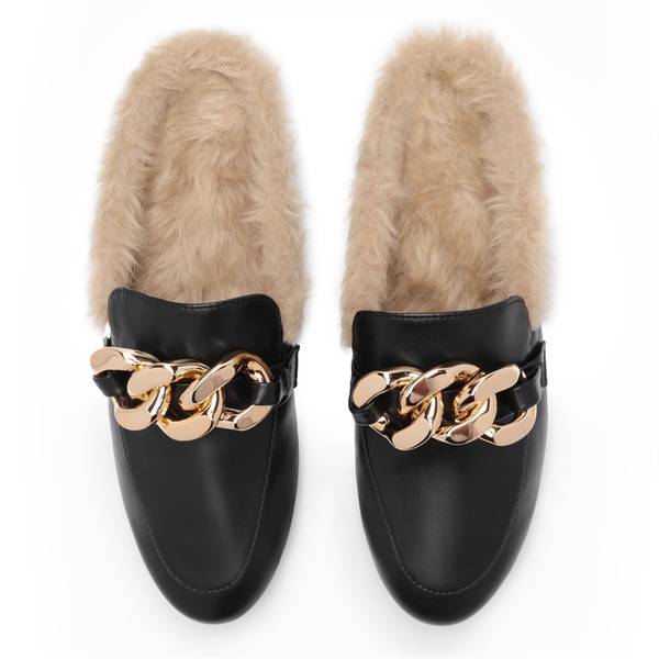 Chain Closed Toe Fur Lined Mules - BLACK - 4