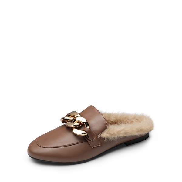 Chain Closed Toe Fur Lined Mules - BROWN -  0