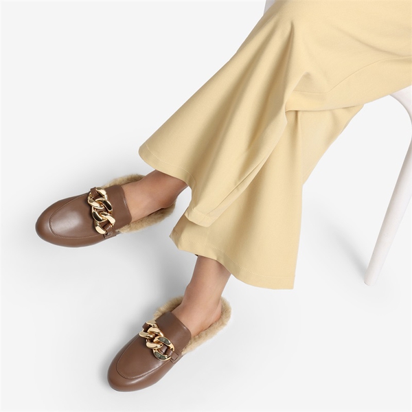 Chain Closed Toe Fur Lined Mules - BROWN - 1