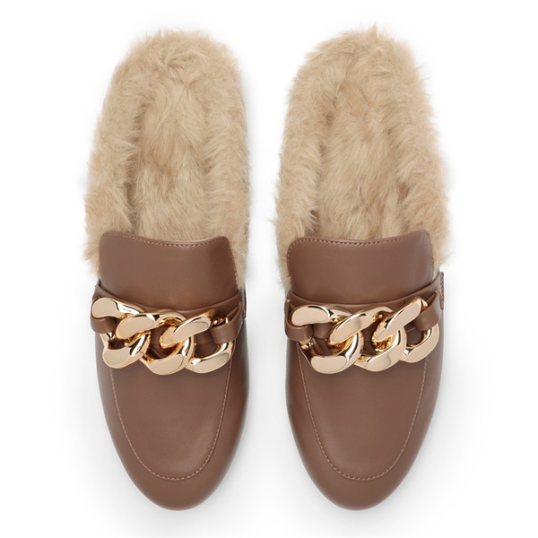 Chain Closed Toe Fur Lined Mules - BROWN - 4