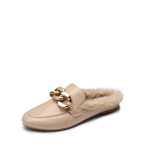Chain Closed Toe Fur Lined Mules - NUDE -  0