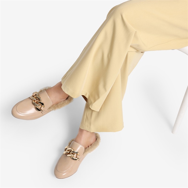 Chain Closed Toe Fur Lined Mules - NUDE - 1