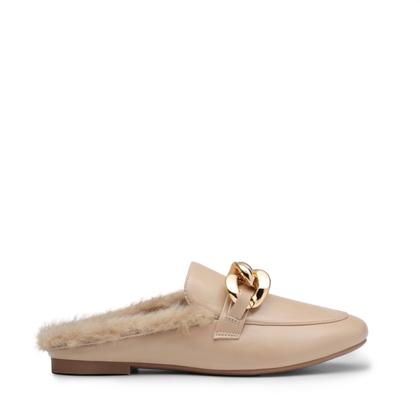 Chain Closed Toe Fur Lined Mules - NUDE - 2