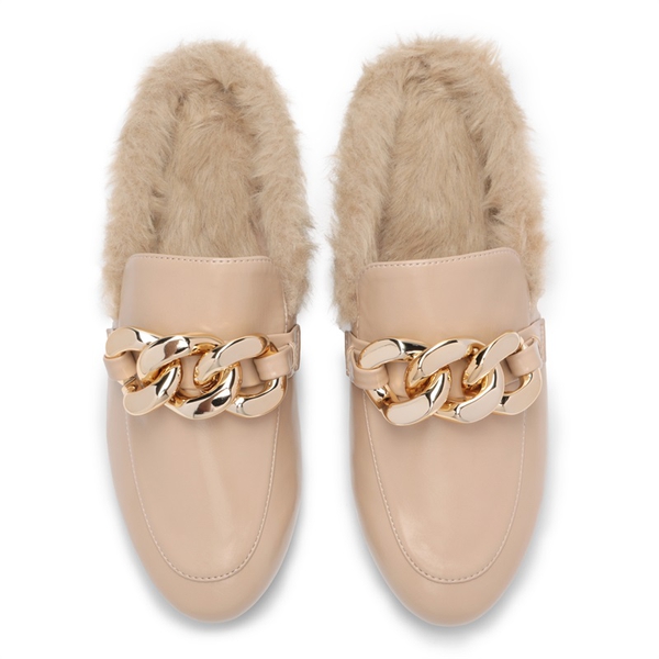 Chain Closed Toe Fur Lined Mules - NUDE - 4
