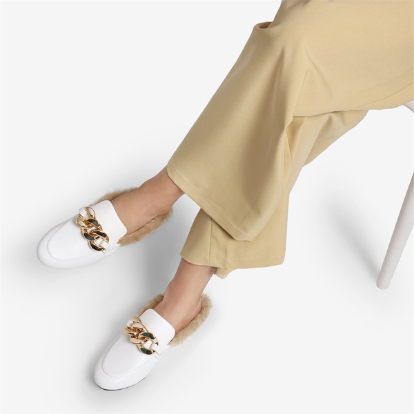 Chain Closed Toe Fur Lined Mules - WHITE - 1