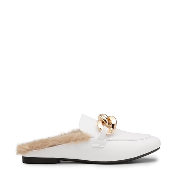 Chain Closed Toe Fur Lined Mules - WHITE - 2